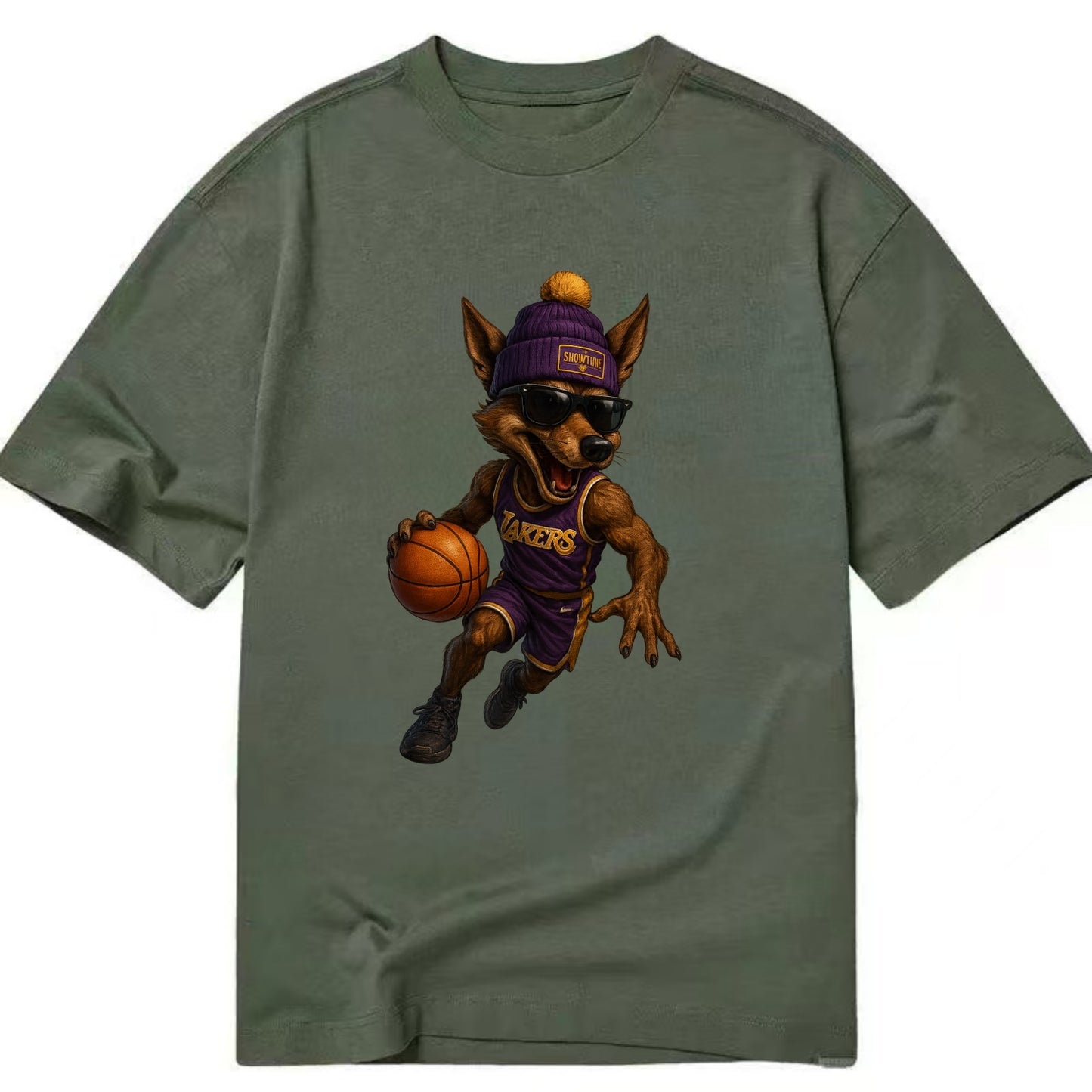 Hollywood Coyote wearing Lakers beanie with Showtime patch and wayfarer sunglasses - Classic T-shirt - Army Green