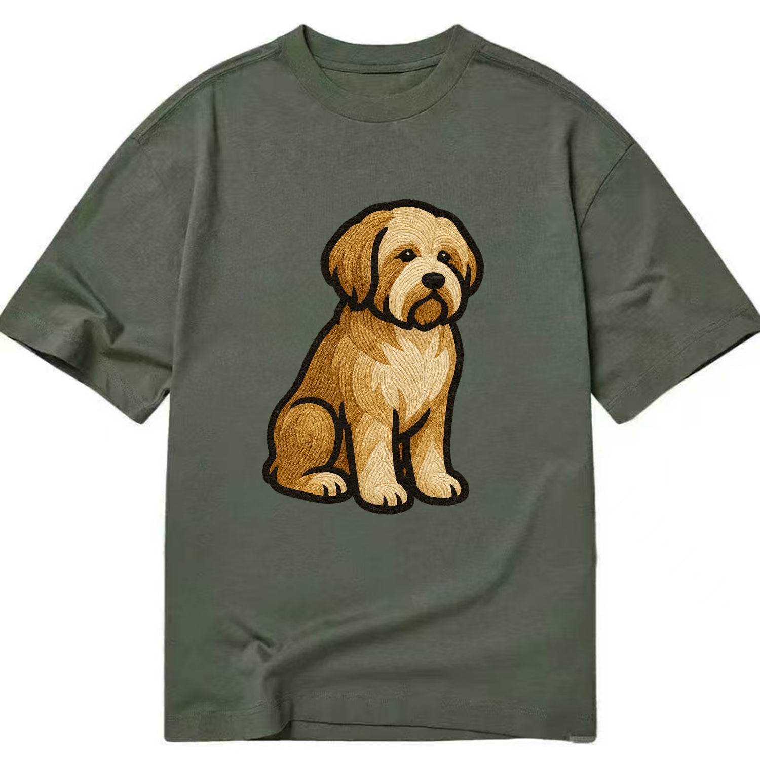 Tibetan Terrier - Gold and white embroidered sitting pose - Classic T-shirt - Army Green