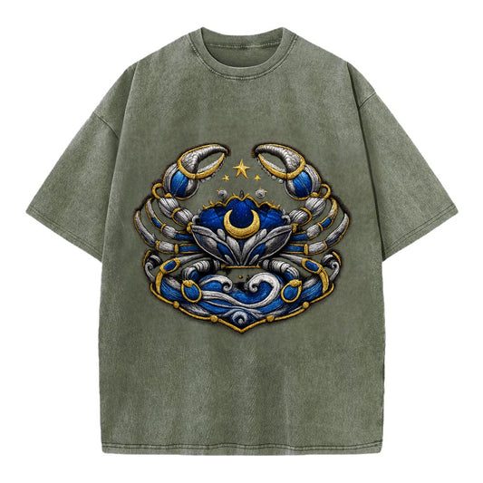 CANCER CRAB - protective crab in silver and blue , water sign - Vintage T-shirt - Army Green
