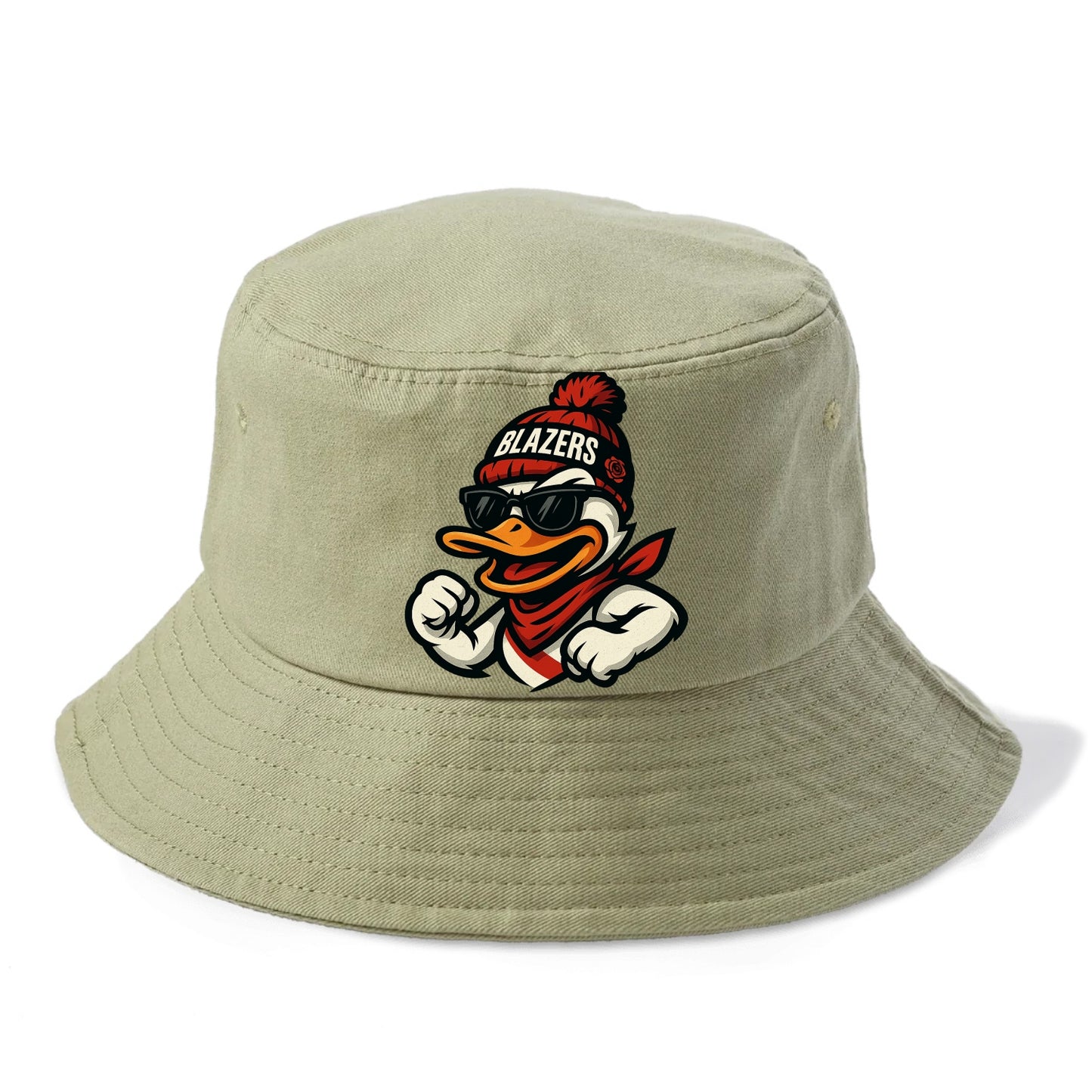 Oregon Duck wearing Trail Blazers beanie with rose patch and wayfarer sunglasses - Bucket Hat - Army Green