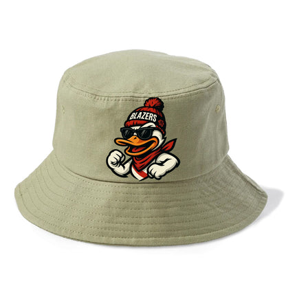 Oregon Duck wearing Trail Blazers beanie with rose patch and wayfarer sunglasses - Bucket Hat - Army Green