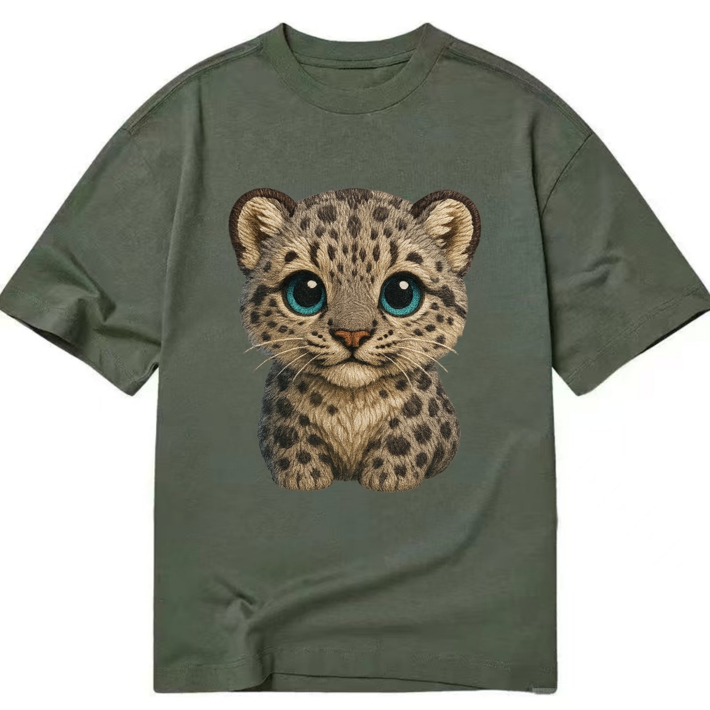 Baby Snow Leopard Cub - gray spotted, thick fur, blue-green eyes, front-facing, - Classic T-shirt - Army Green