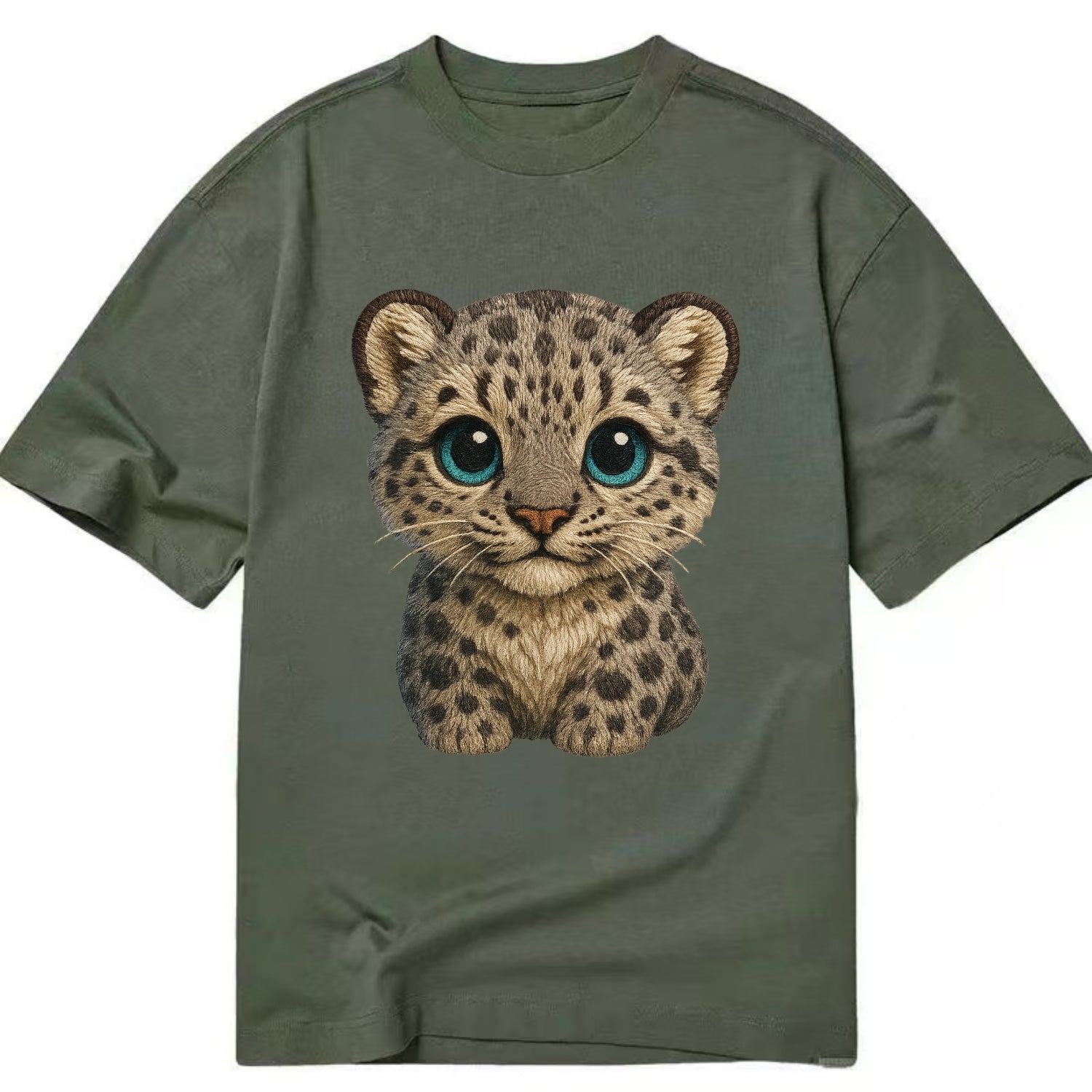 Baby Snow Leopard Cub - gray spotted, thick fur, blue-green eyes, front-facing, - Classic T-shirt - Army Green