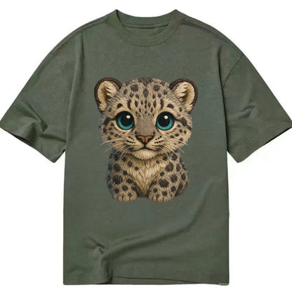 Baby Snow Leopard Cub - gray spotted, thick fur, blue-green eyes, front-facing, - Classic T-shirt - Army Green