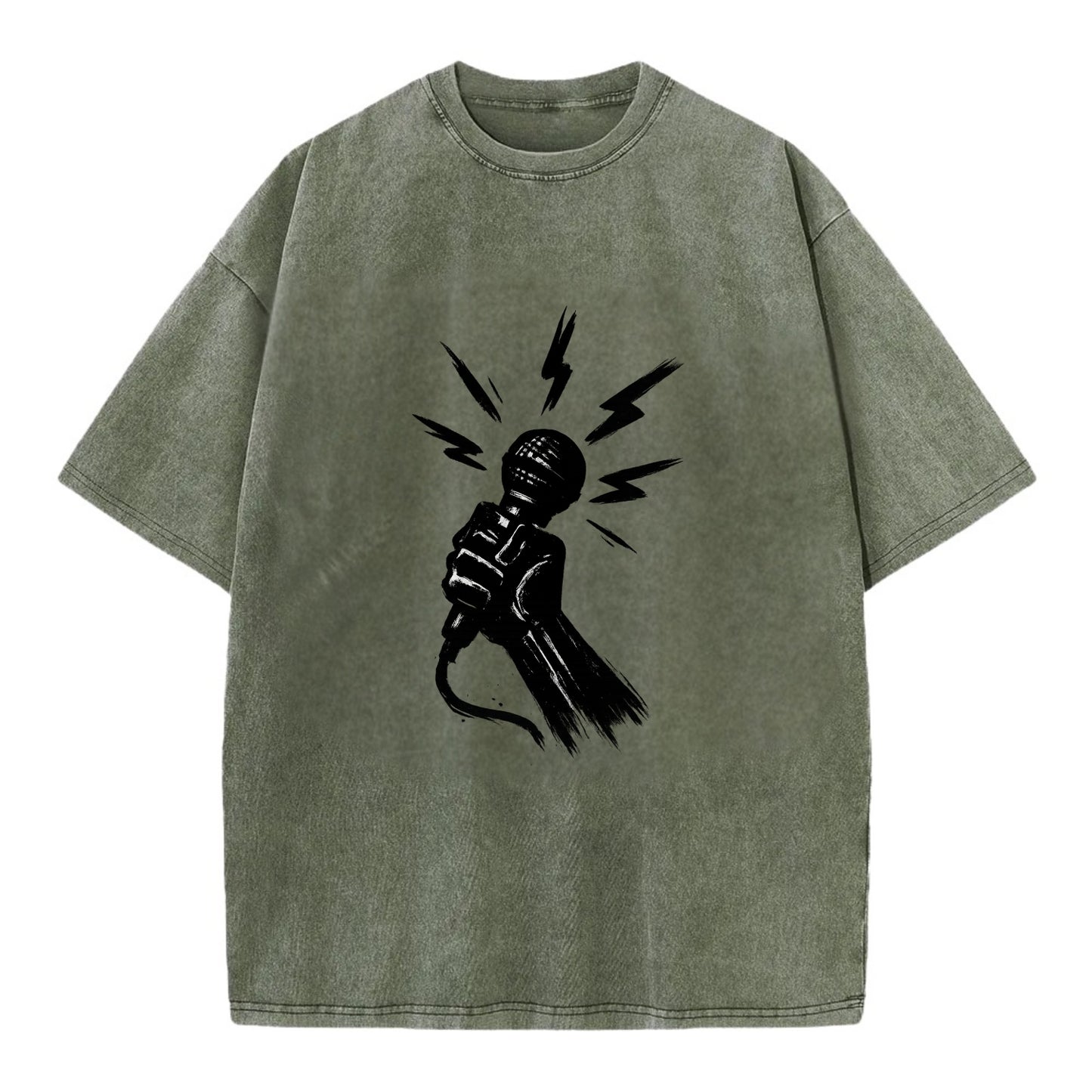 Microphone with sound waves - freedom of speech ink art - Vintage T-shirt - Army Green