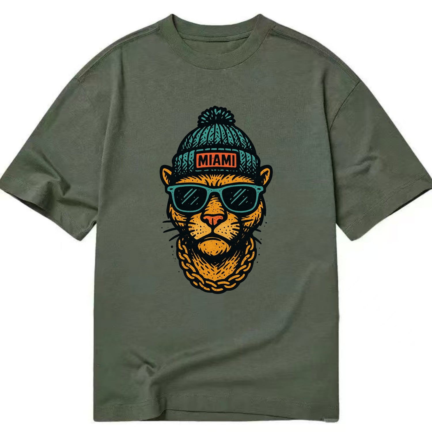 Florida Panther wearing Miami beanie with pom pom and wayfarer sunglasses - Classic T-shirt - Army Green