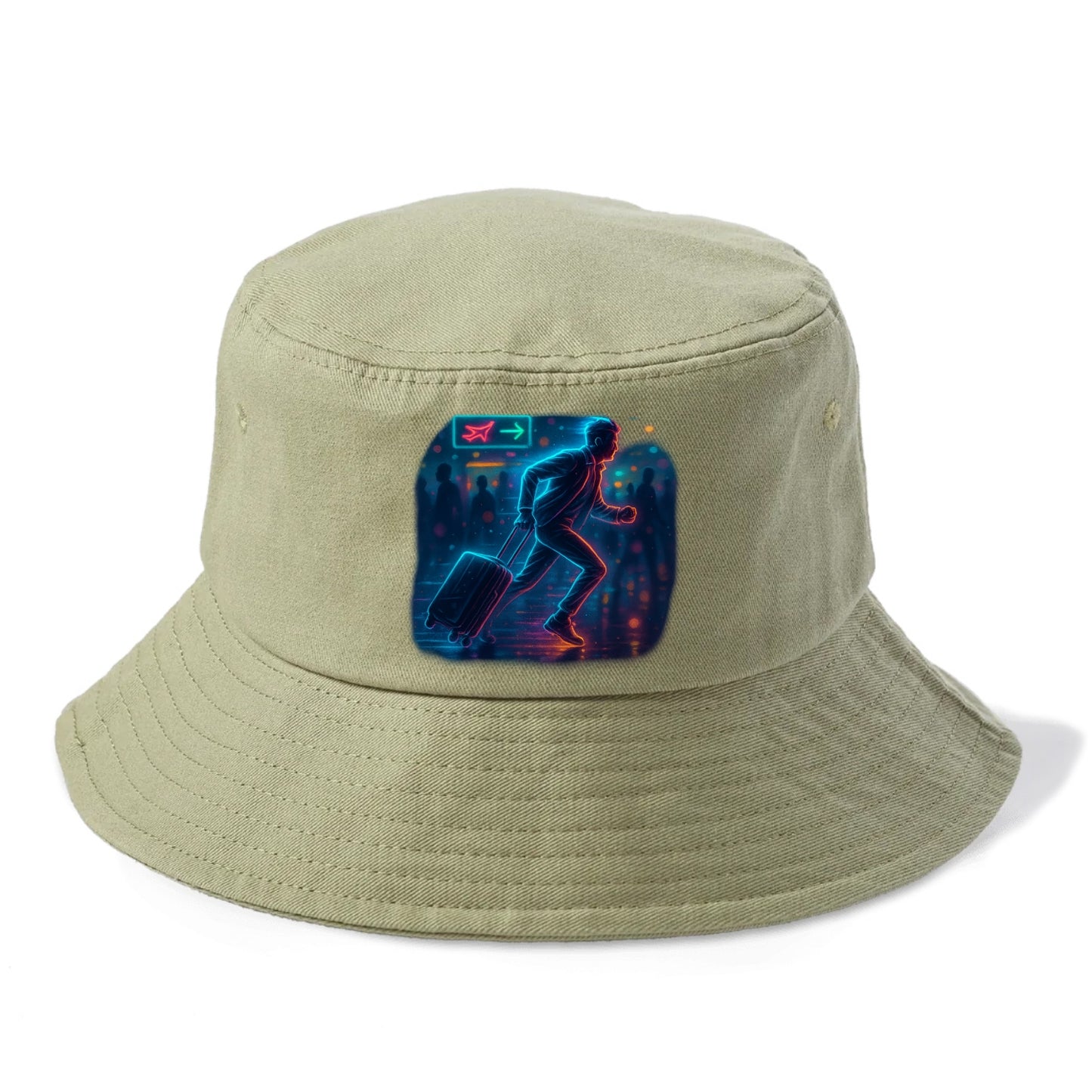 person running with luggage through crowded airport terminal - Bucket Hat - Army Green