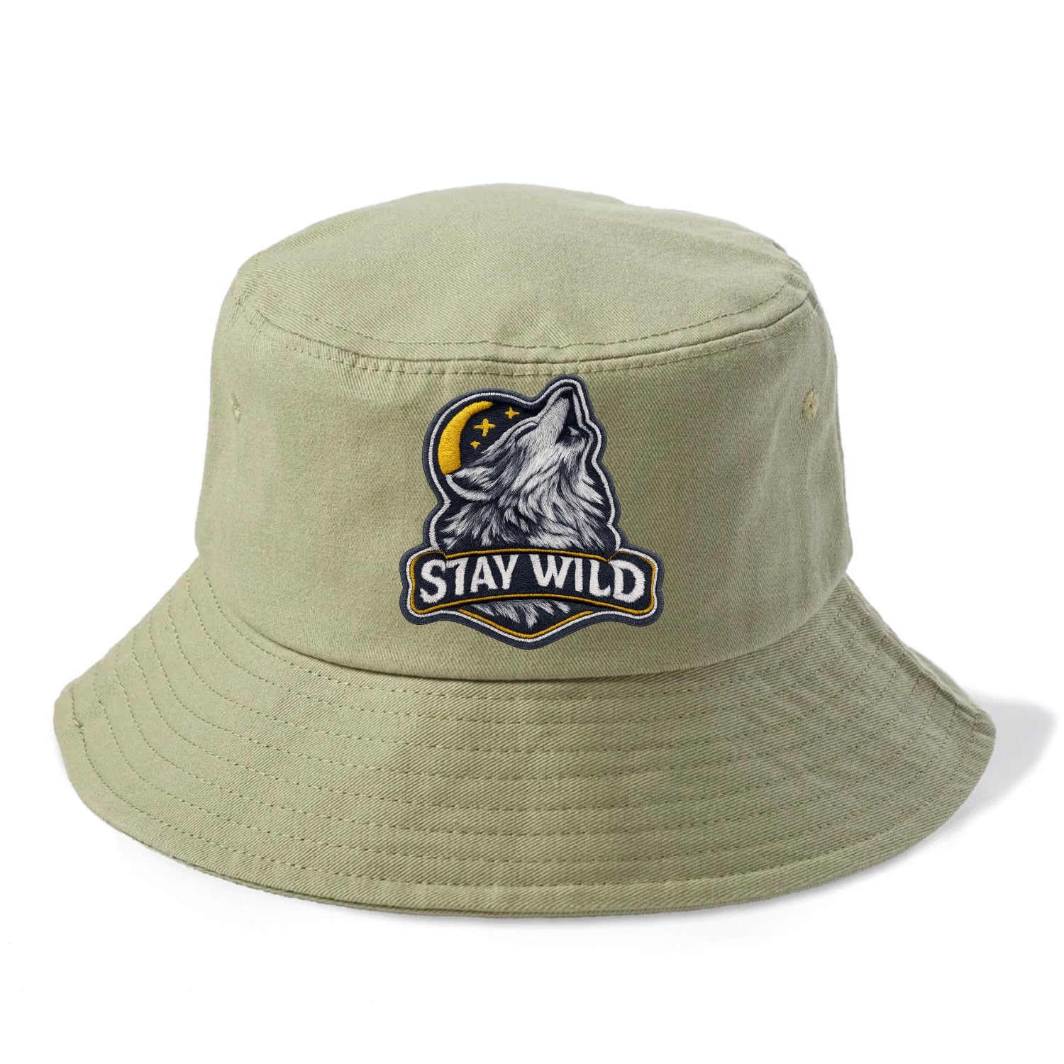 STAY WILD - wolf with text in gray , free spirit - Bucket Hat - Army Green