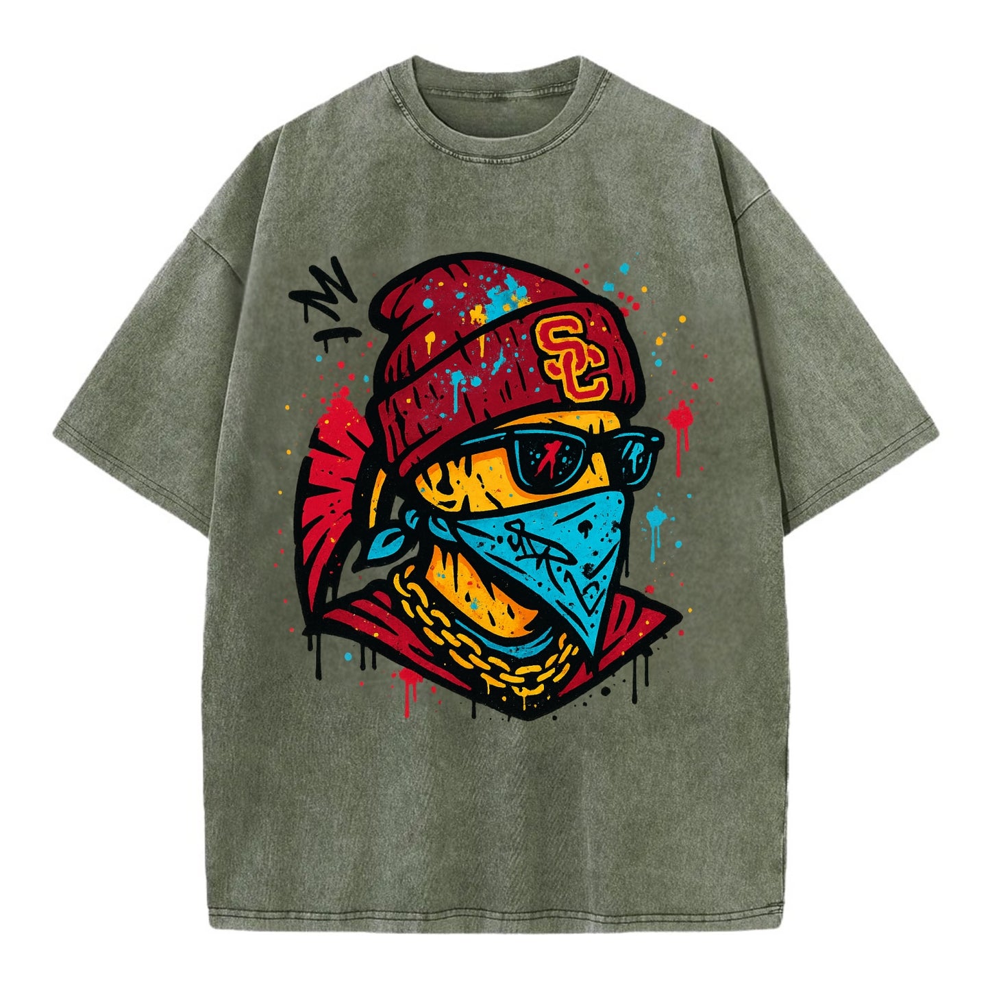 Los Angeles Trojan wearing USC beanie with SC patch - Vintage T-shirt - Army Green