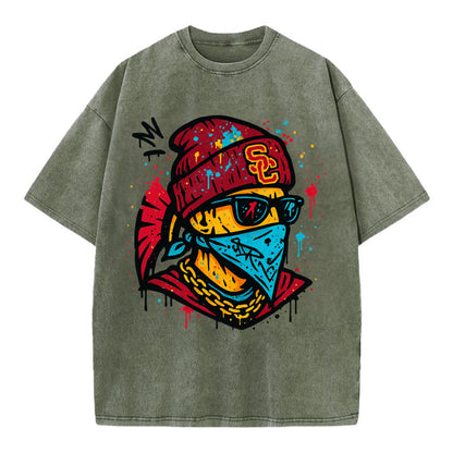 Los Angeles Trojan wearing USC beanie with SC patch - Vintage T-shirt - Army Green