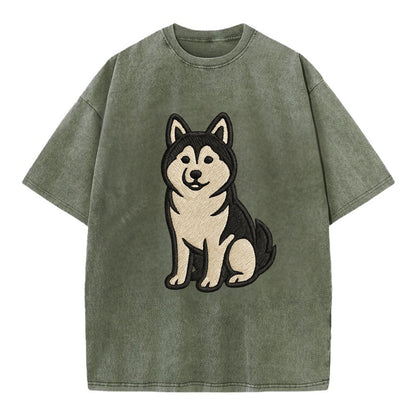Pomsky - Pomeranian-Husky mix sitting po Vintage T-shirt - Army Green