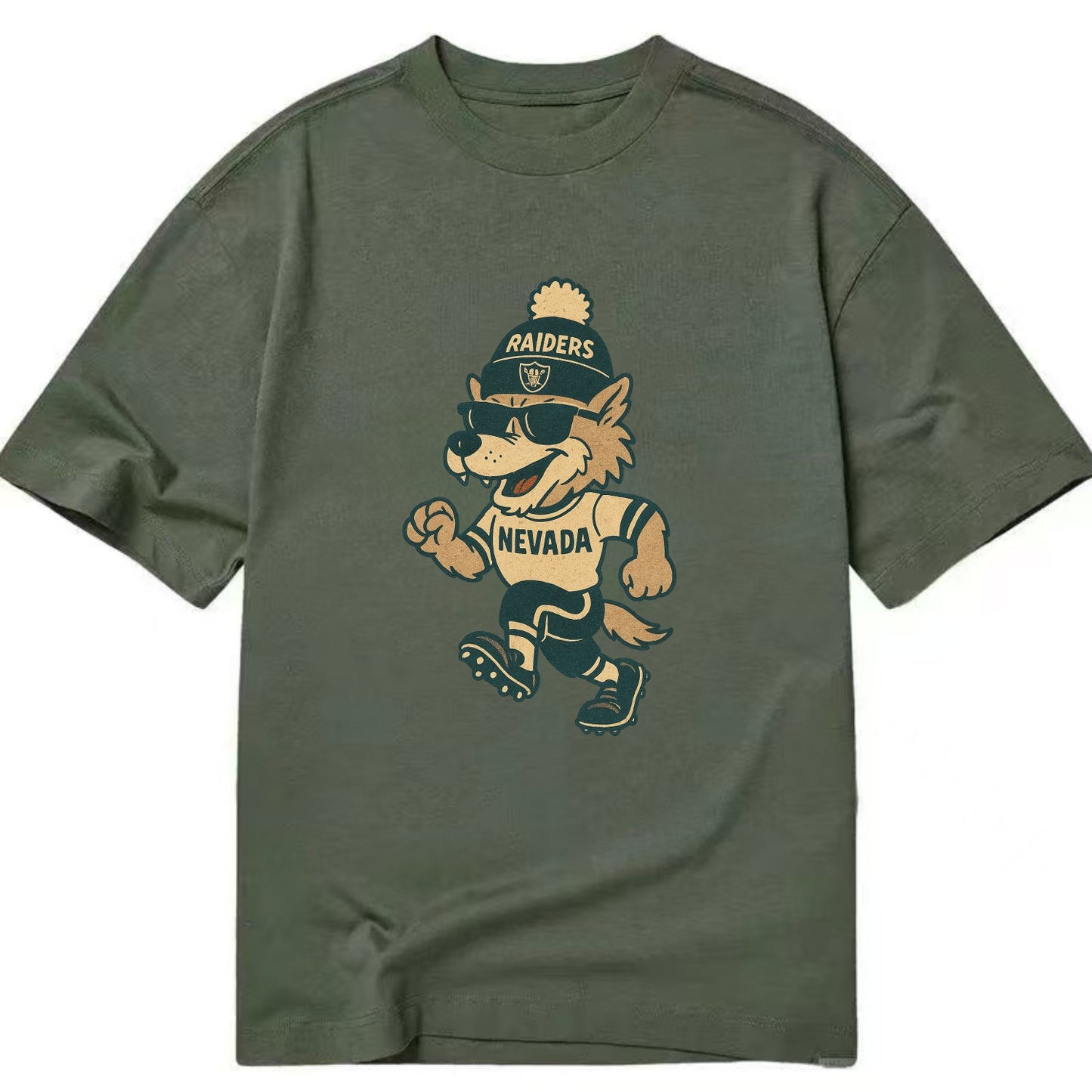 Nevada Wolf wearing Raiders beanie with outlaw patch and wayfarer sunglasses - Classic T-shirt - Army Green
