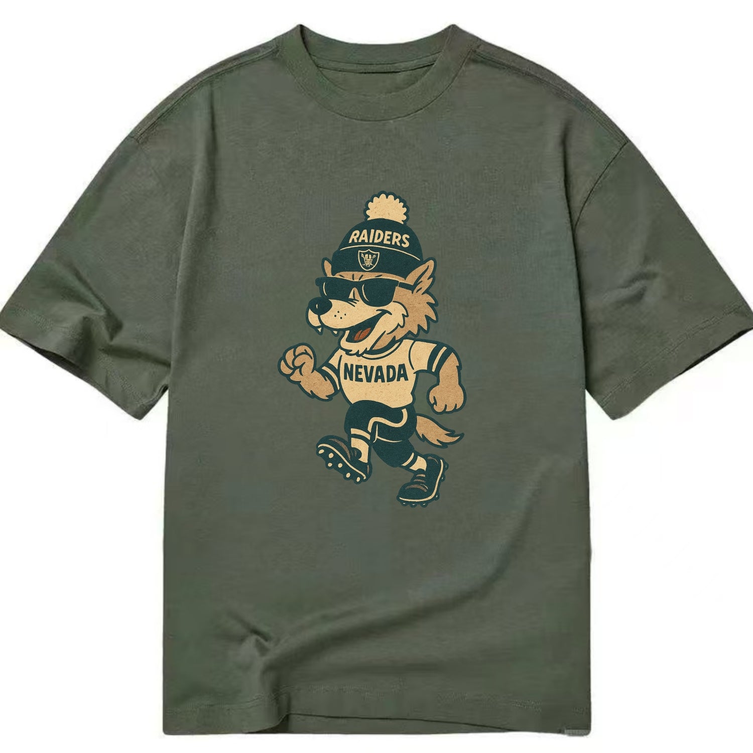 Nevada Wolf wearing Raiders beanie with outlaw patch and wayfarer sunglasses - Classic T-shirt - Army Green