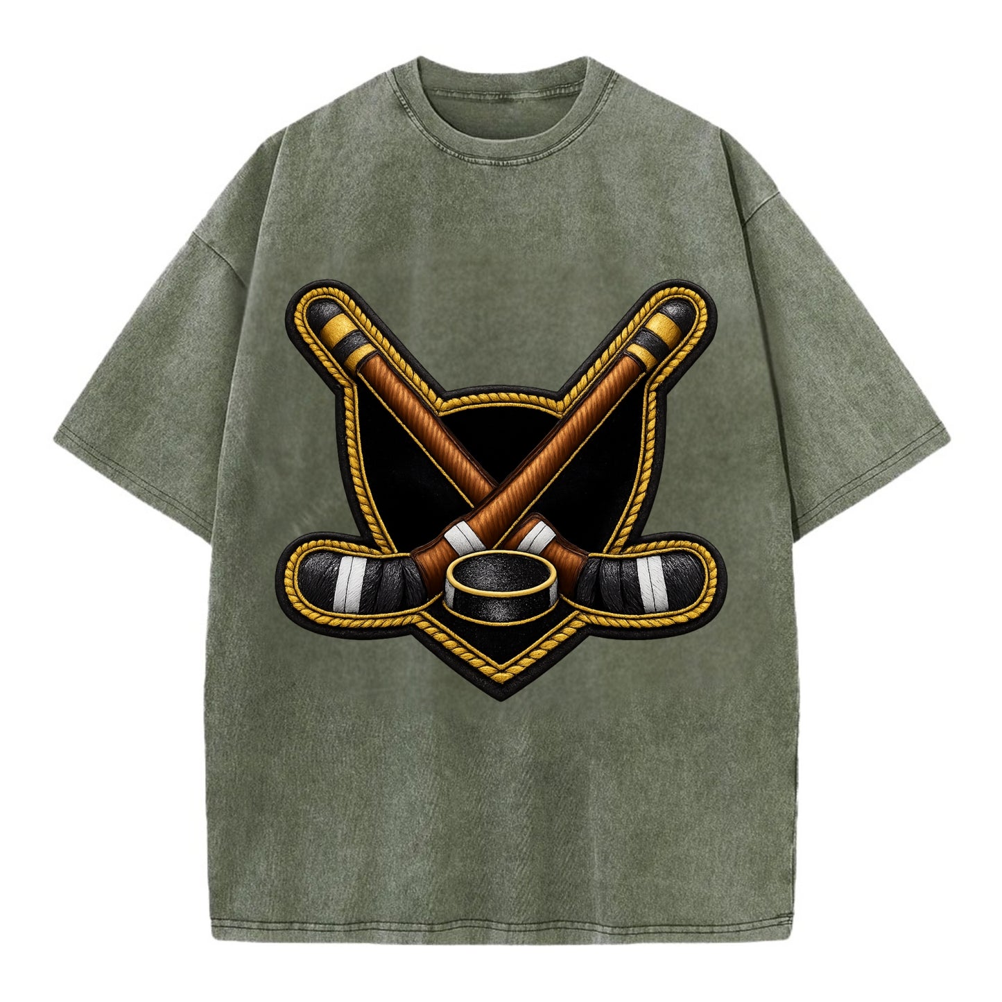 Embroidered patch design - HOCKEY CROSSED STICKS - ice hockey sticks with puck in - Vintage T-shirt - Army Green