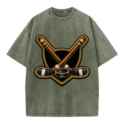 Embroidered patch design - HOCKEY CROSSED STICKS - ice hockey sticks with puck in - Vintage T-shirt - Army Green