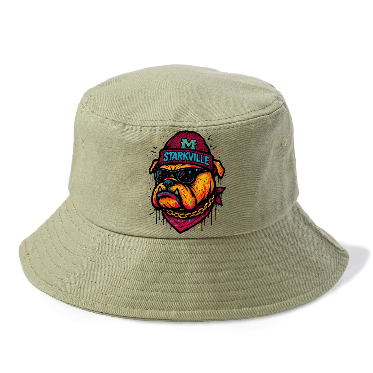 Starkville Bulldog wearing Mississippi State beanie with M patch - Bucket Hat - Army Green