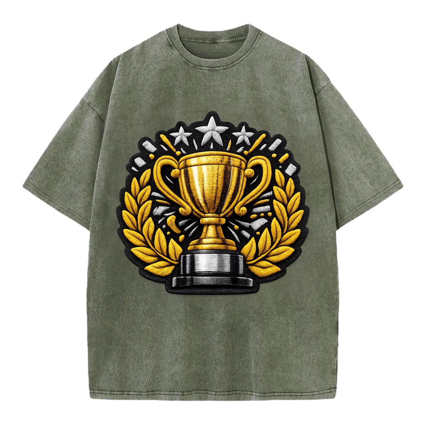 Embroidered patch design - CHAMPIONSHIP TROPHY - golden trophy cup with laurels - Vintage T-shirt - Army Green