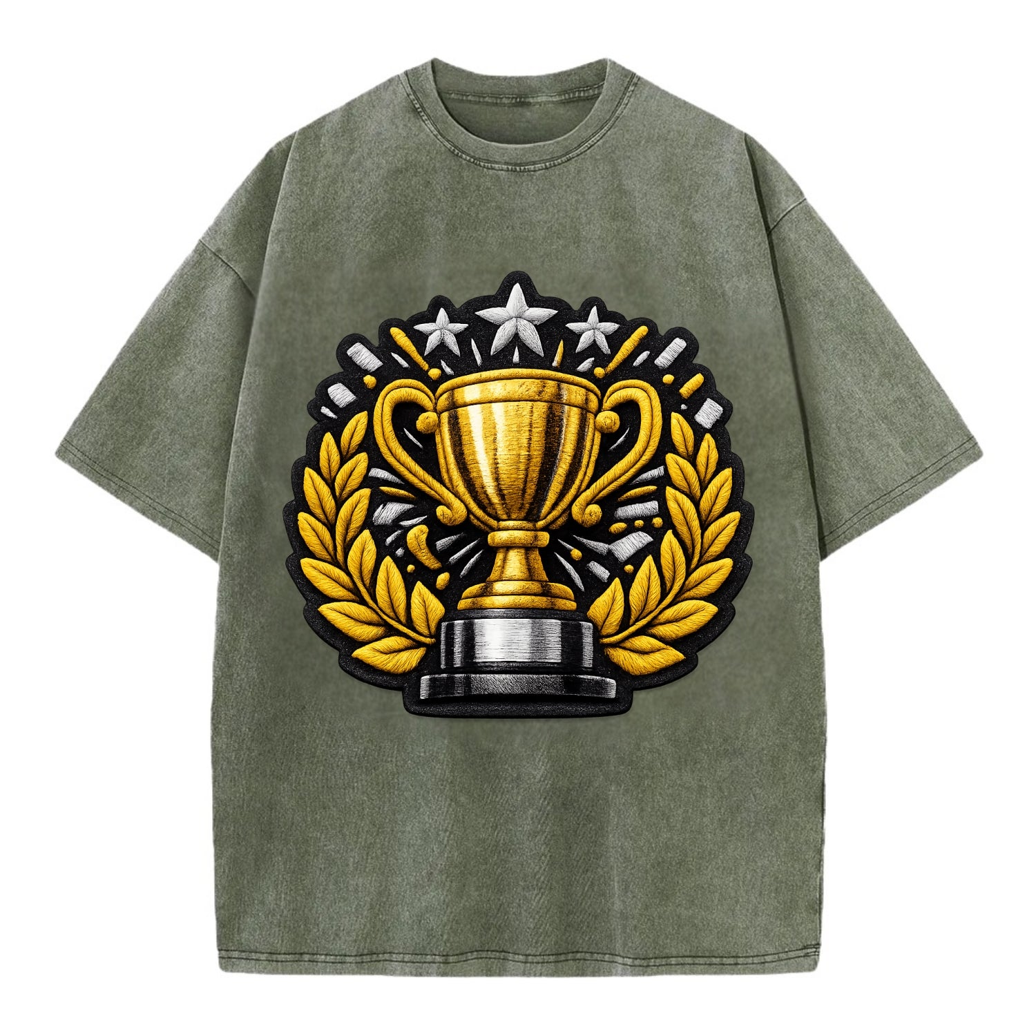 Embroidered patch design - CHAMPIONSHIP TROPHY - golden trophy cup with laurels - Vintage T-shirt - Army Green