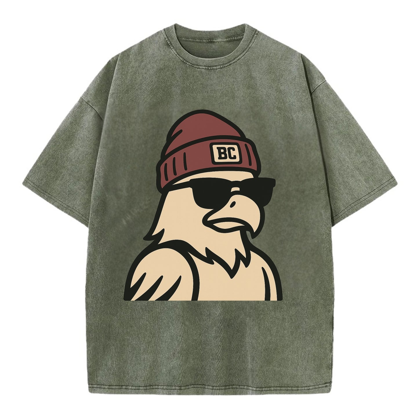 Chestnut Hill Eagle wearing Boston College beanie with BC patch - Vintage T-shirt - Army Green
