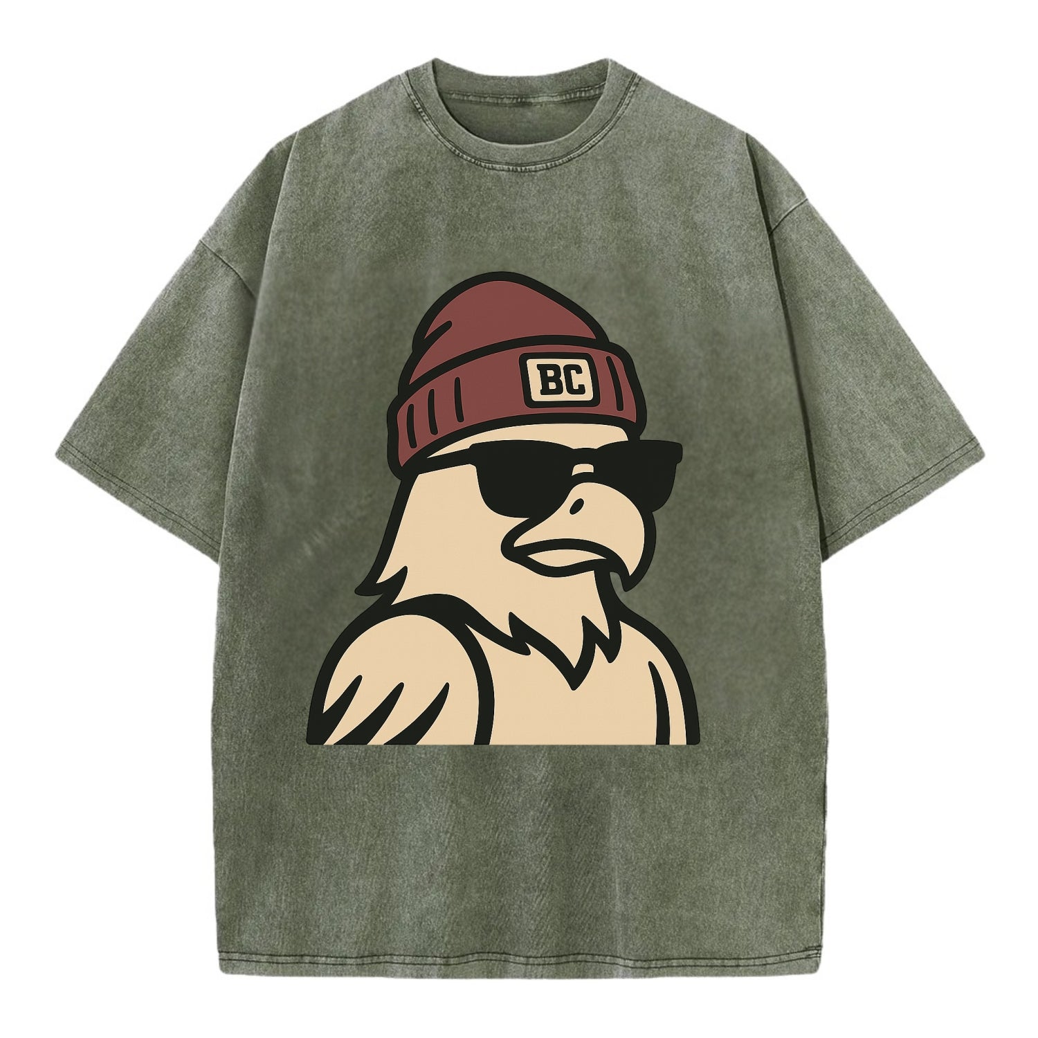 Chestnut Hill Eagle wearing Boston College beanie with BC patch - Vintage T-shirt - Army Green