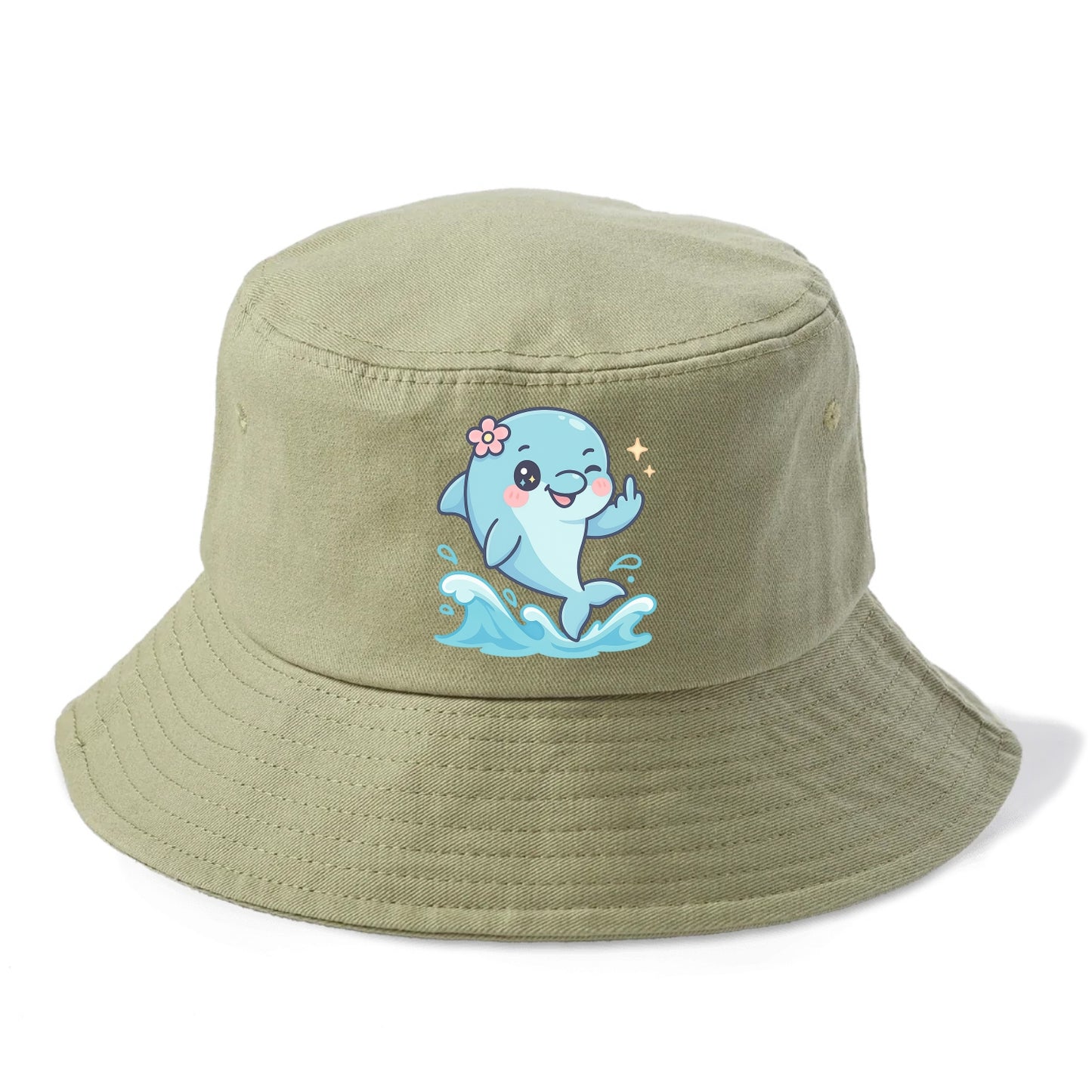 smiling dolphin jumping through ocean waves, one fin up with attitude - Bucket Hat - Army Green