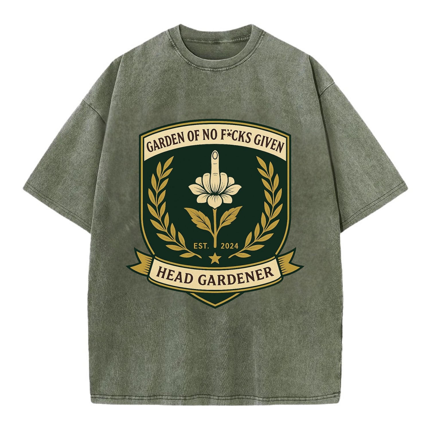 Shield with middle finger flower - "Garden of No F*cks Given - Head Gardener" - - Vintage T-shirt - Army Green