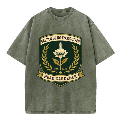 Shield with middle finger flower - "Garden of No F*cks Given - Head Gardener" - - Vintage T-shirt - Army Green