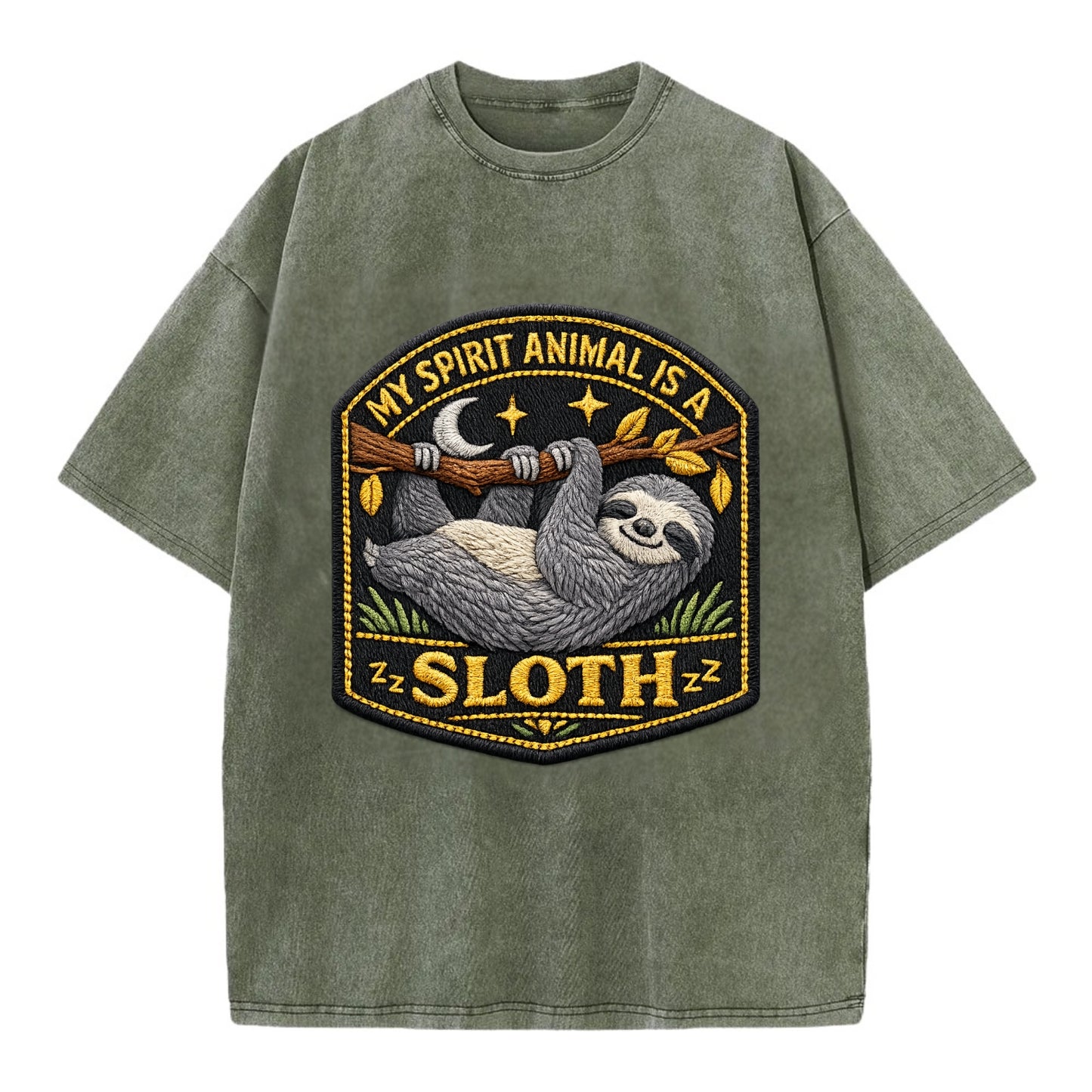 MY SPIRIT ANIMAL IS A SLOTH - lazy sloth in gray , slow life - Vintage T-shirt - Army Green