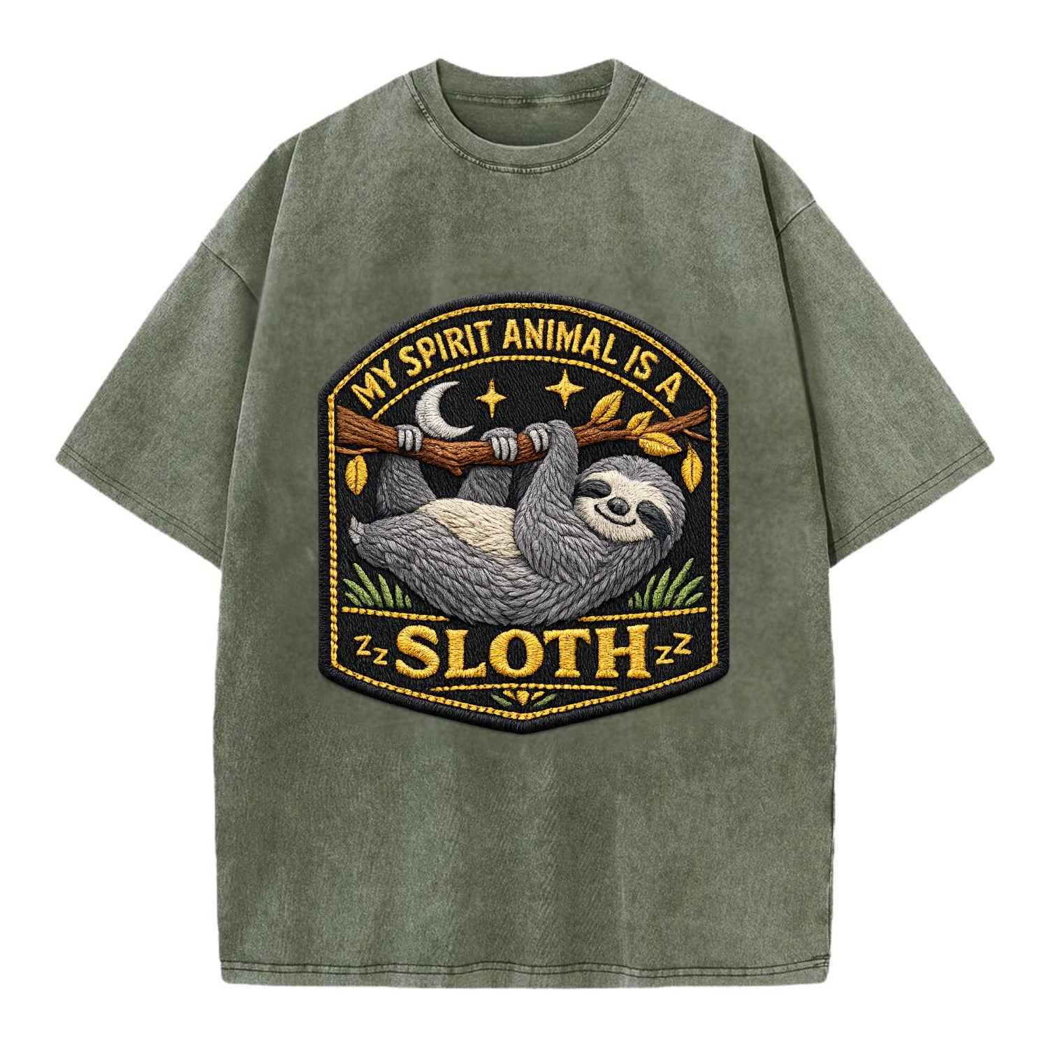 MY SPIRIT ANIMAL IS A SLOTH - lazy sloth in gray , slow life - Vintage T-shirt - Army Green
