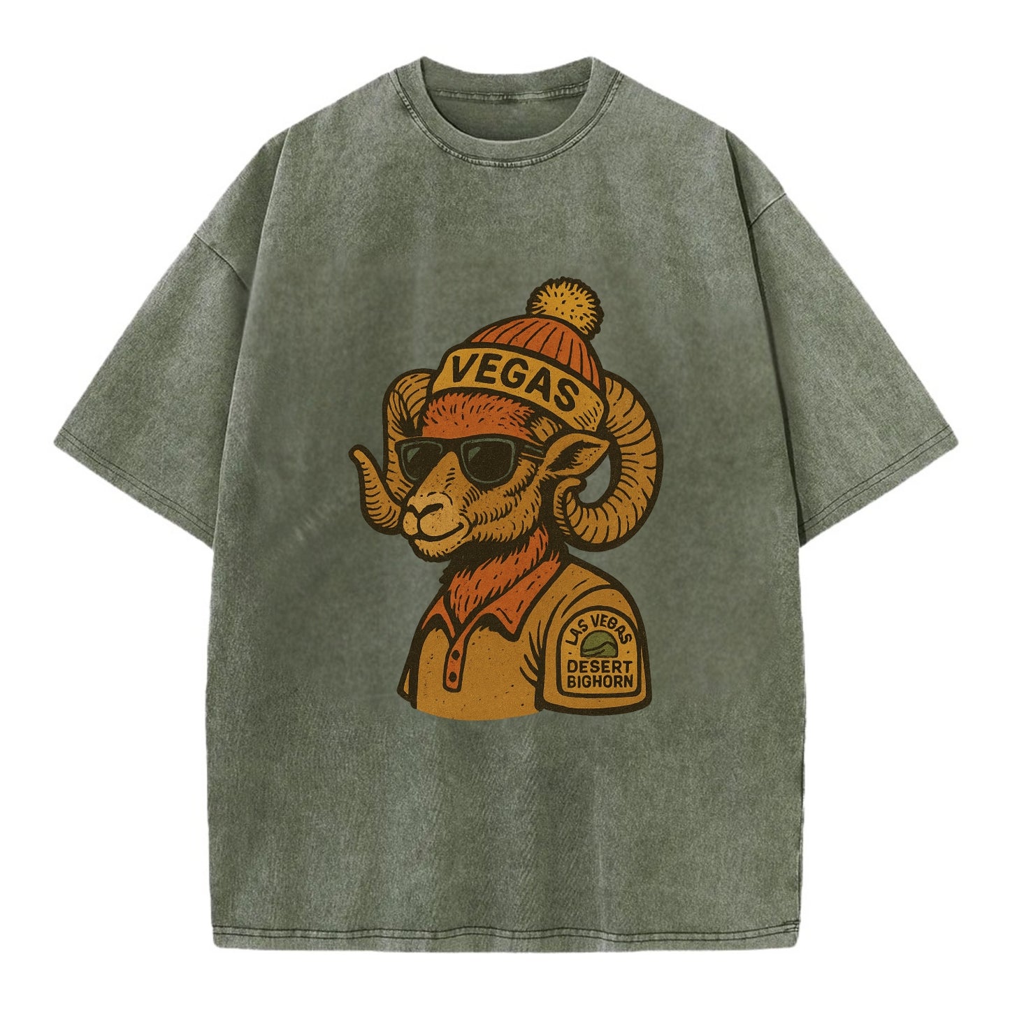 Las Vegas Desert Bighorn wearing Vegas beanie with pom pom and wayfarer sunglasses - Vintage T-shirt - Army Green