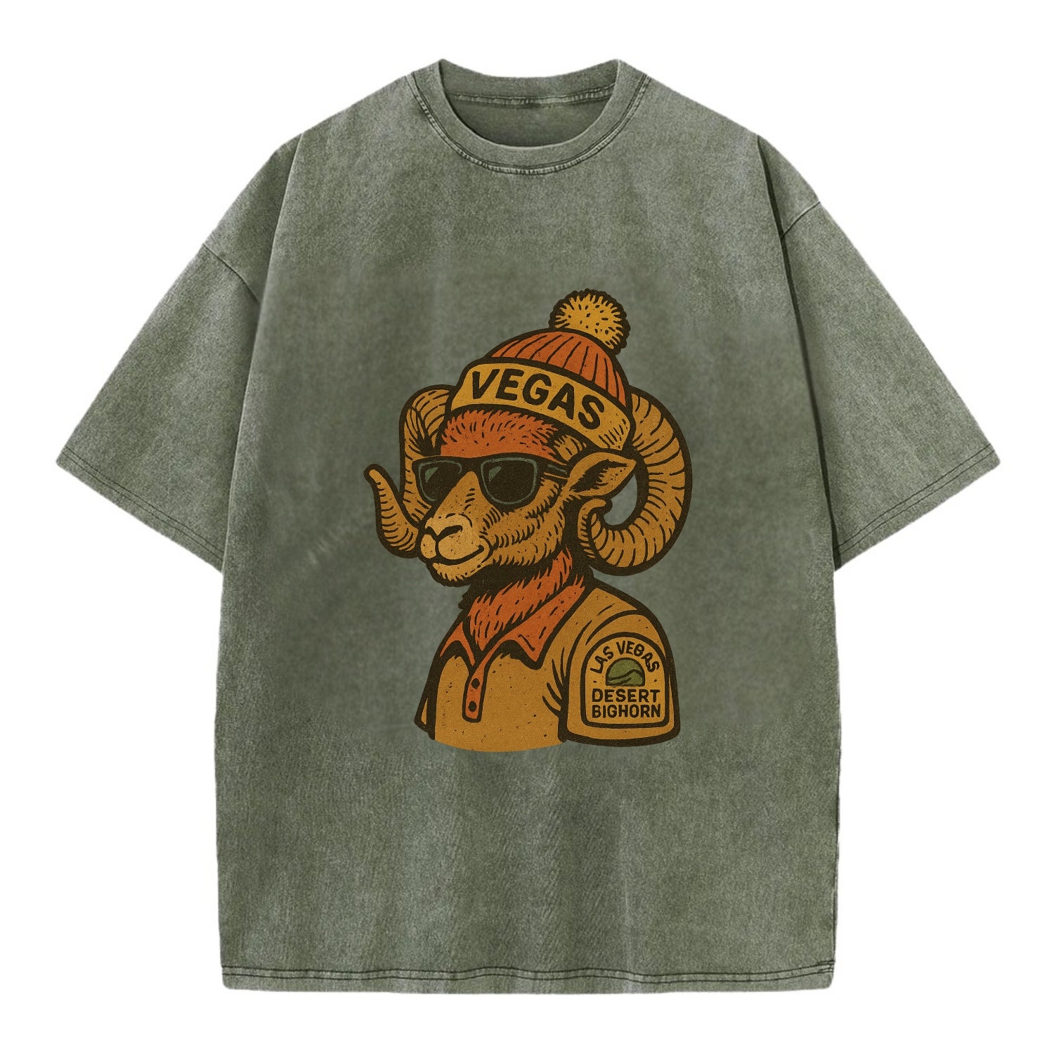 Las Vegas Desert Bighorn wearing Vegas beanie with pom pom and wayfarer sunglasses - Vintage T-shirt - Army Green