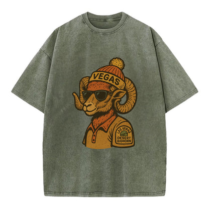 Las Vegas Desert Bighorn wearing Vegas beanie with pom pom and wayfarer sunglasses - Vintage T-shirt - Army Green