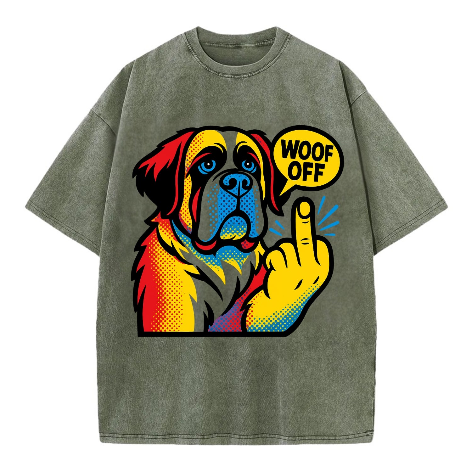 Saint Bernard with gentle giant face and droopy jowls, huge paw raised - Vintage T-shirt - Army Green