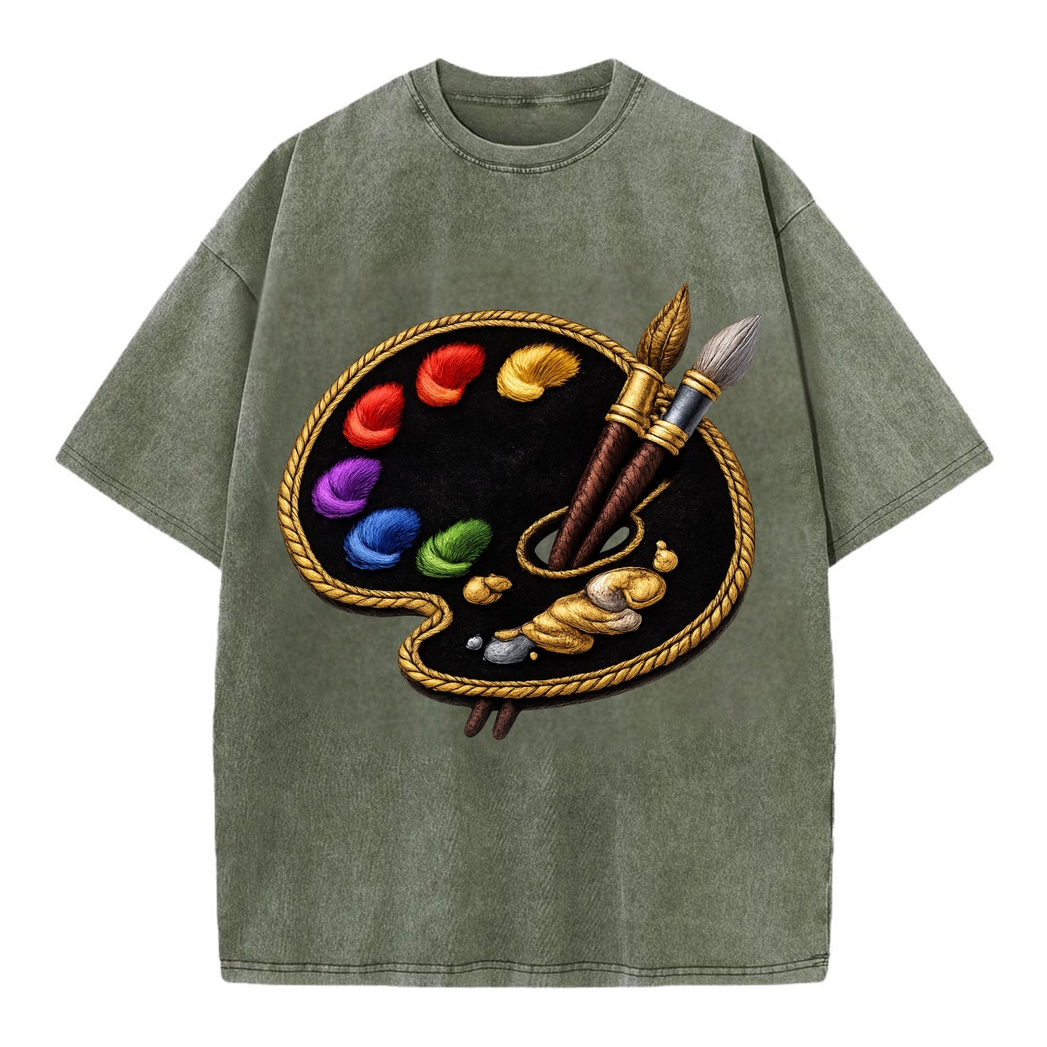 Embroidered patch design - PAINT PALETTE - artist palette with brushes in rainbow - Vintage T-shirt - Army Green