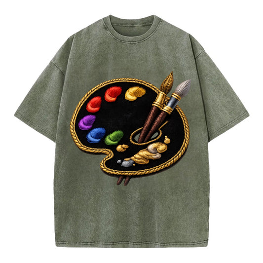 Embroidered patch design - PAINT PALETTE - artist palette with brushes in rainbow - Vintage T-shirt - Army Green
