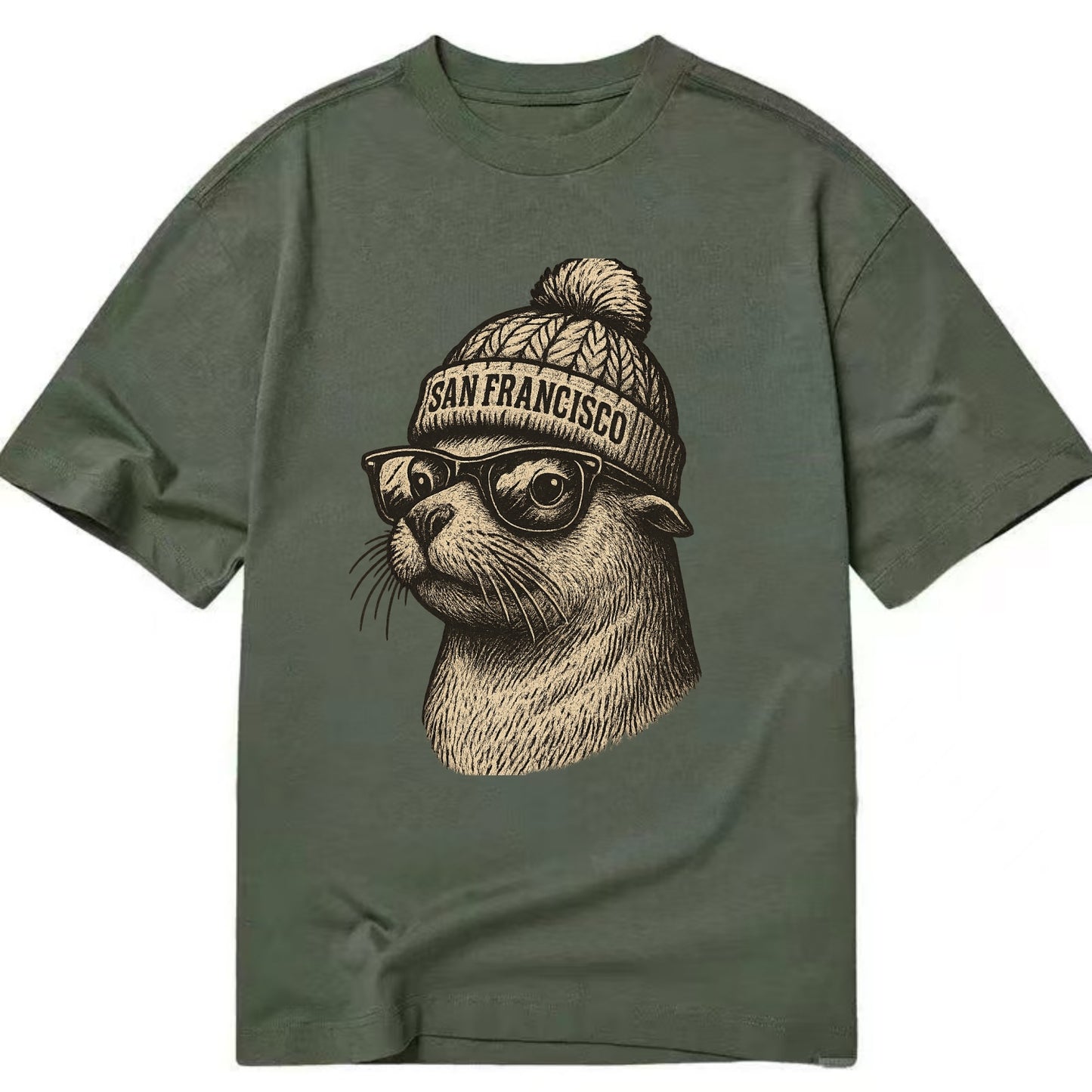 San Francisco Sea Lion wearing San Francisco beanie with pom pom and wayfarer - Classic T-shirt - Army Green