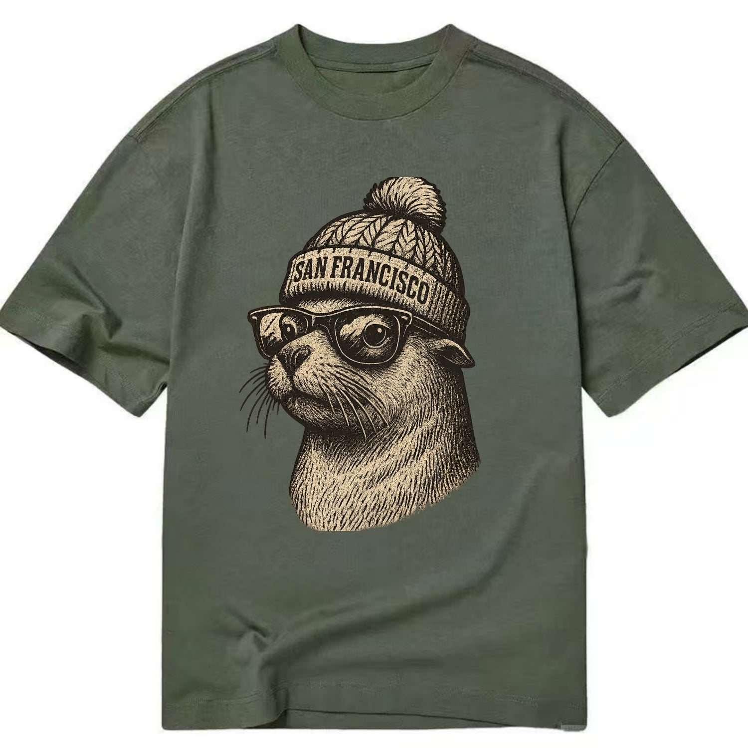 San Francisco Sea Lion wearing San Francisco beanie with pom pom and wayfarer - Classic T-shirt - Army Green