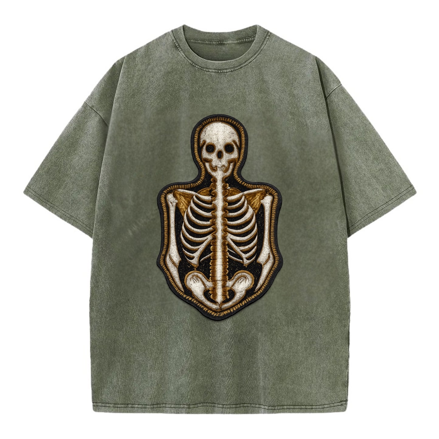SKELETON BONES - skeletal system in white , anatomy - Vintage T-shirt - Army Green