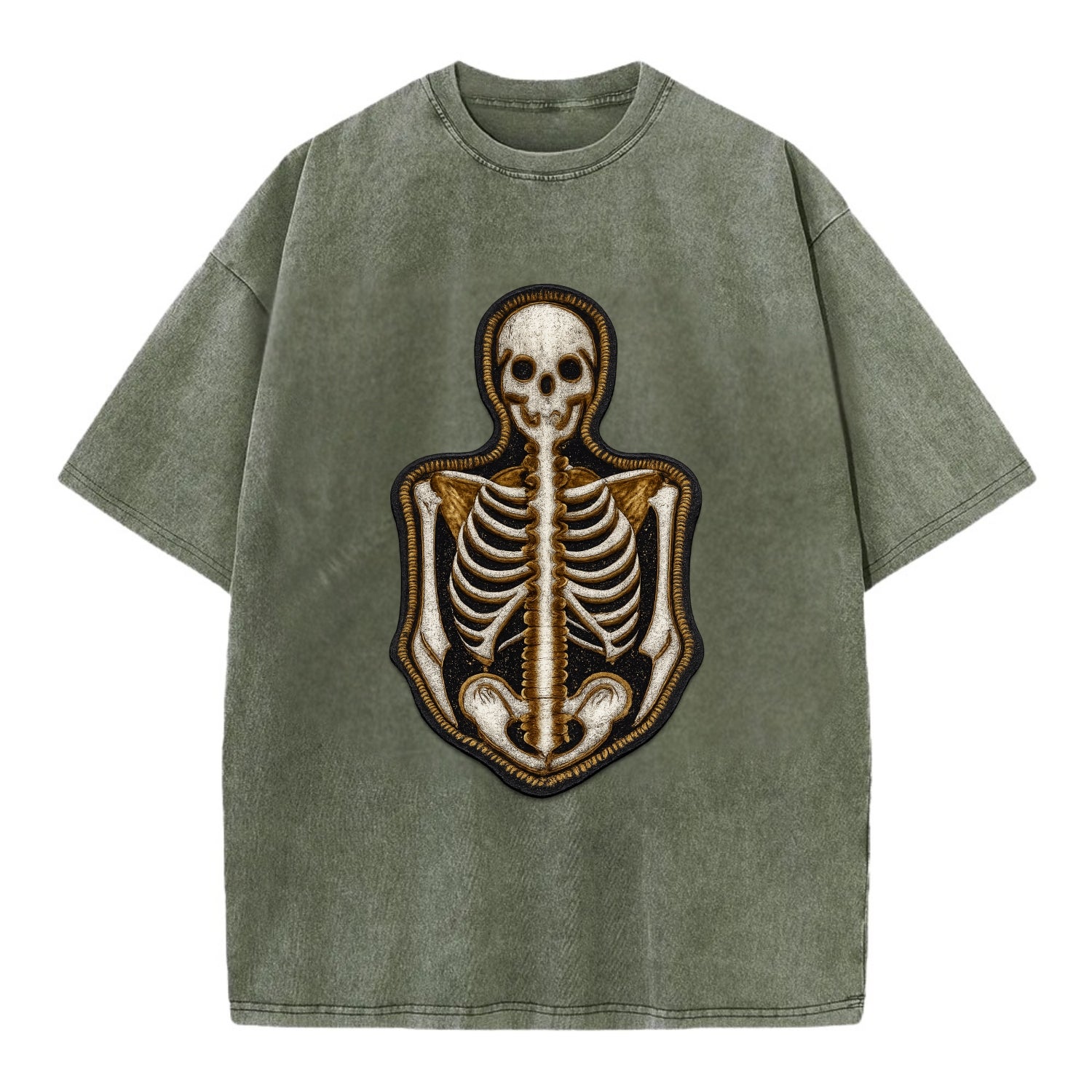 SKELETON BONES - skeletal system in white , anatomy - Vintage T-shirt - Army Green