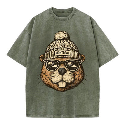 Montreal Beaver wearing Montreal beanie - Vintage T-shirt - Army Green