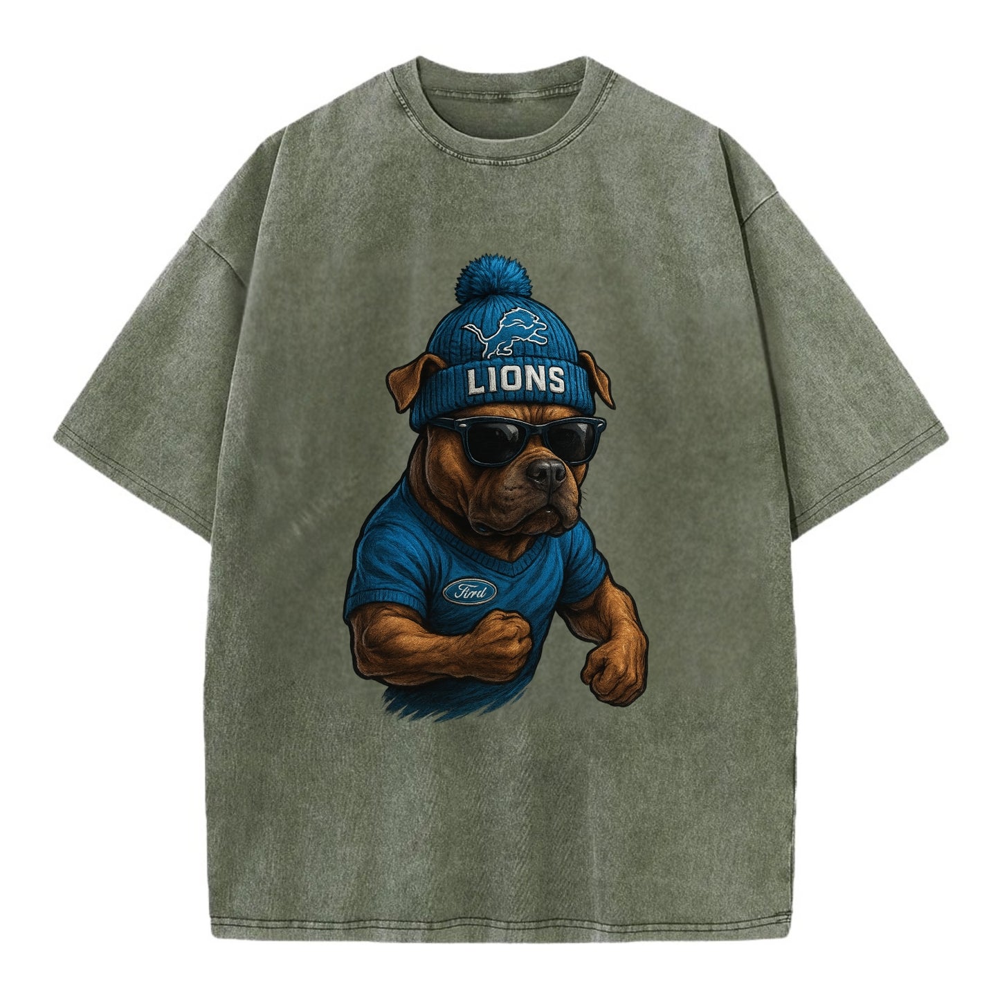 Detroit Pitbull wearing Lions beanie with auto patch and wayfarer sunglasses - Vintage T-shirt - Army Green