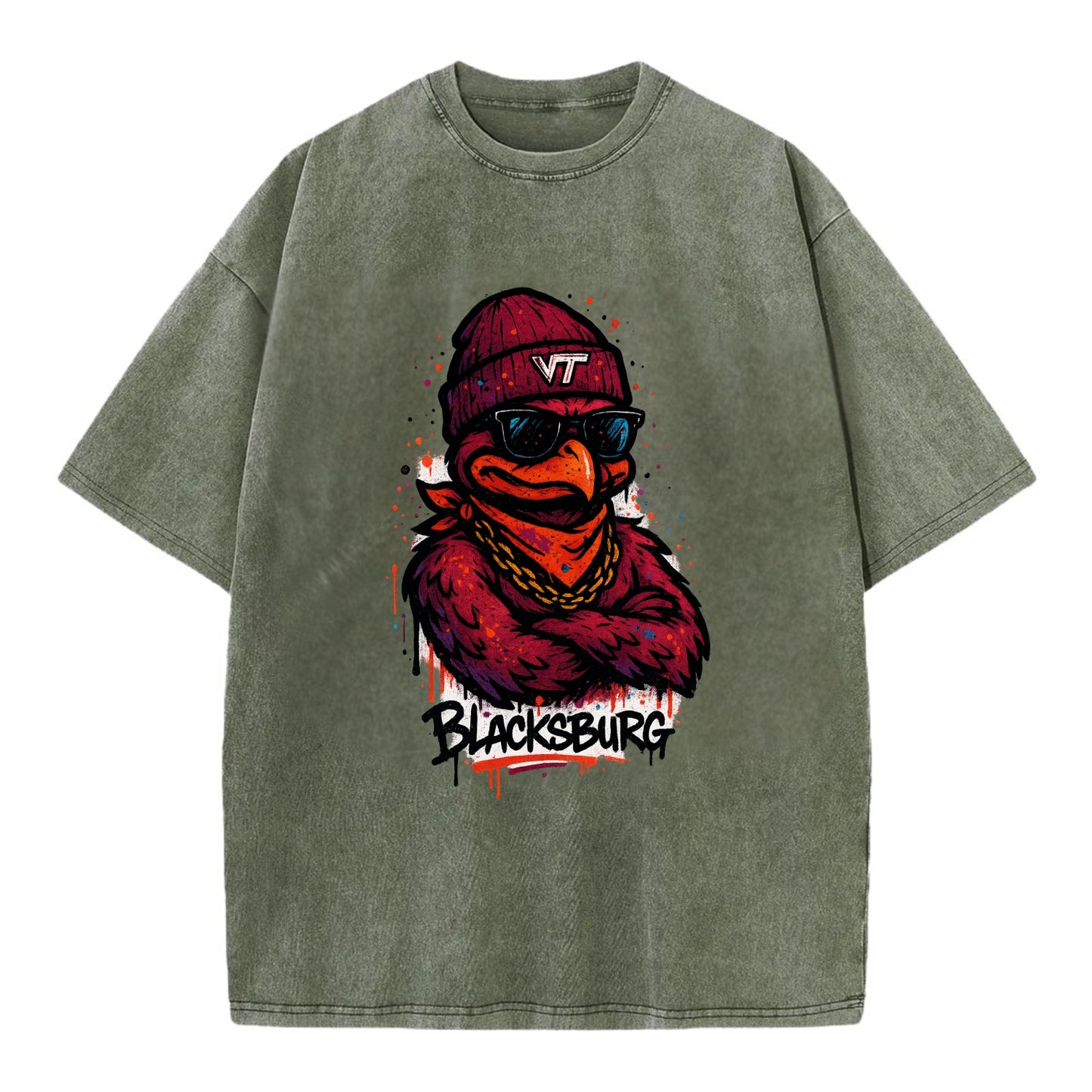 Blacksburg HokieBird wearing Virginia Tech beanie with VT patch - Vintage T-shirt - Army Green