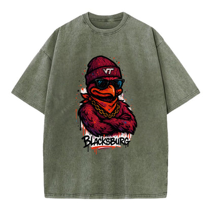 Blacksburg HokieBird wearing Virginia Tech beanie with VT patch - Vintage T-shirt - Army Green