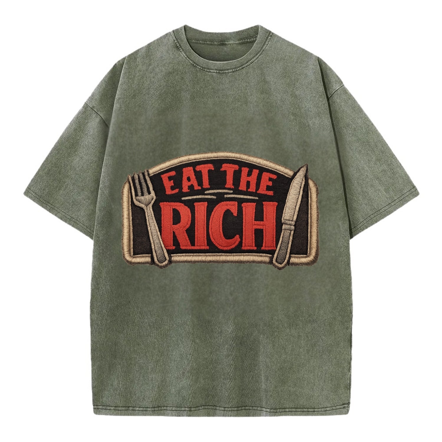 EAT THE RICH - fork and knife with text in red and silver , class war - Vintage T-shirt - Army Green