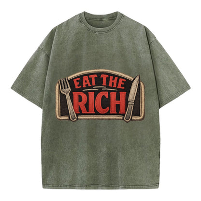 EAT THE RICH - fork and knife with text in red and silver , class war - Vintage T-shirt - Army Green