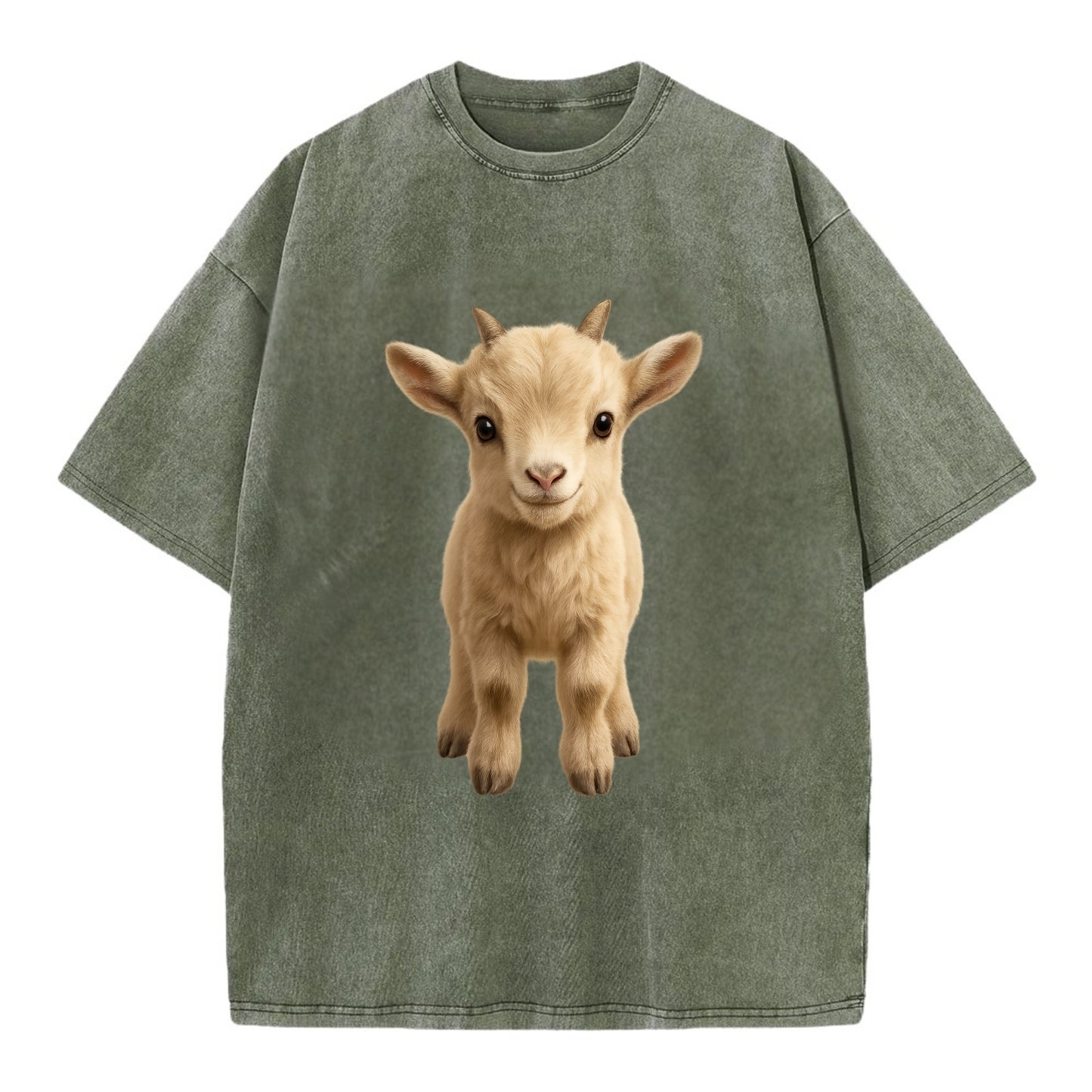 Baby Goat Kid - small horns, rectangular pupils, fluffy, playful eyes, - Vintage T-shirt - Army Green