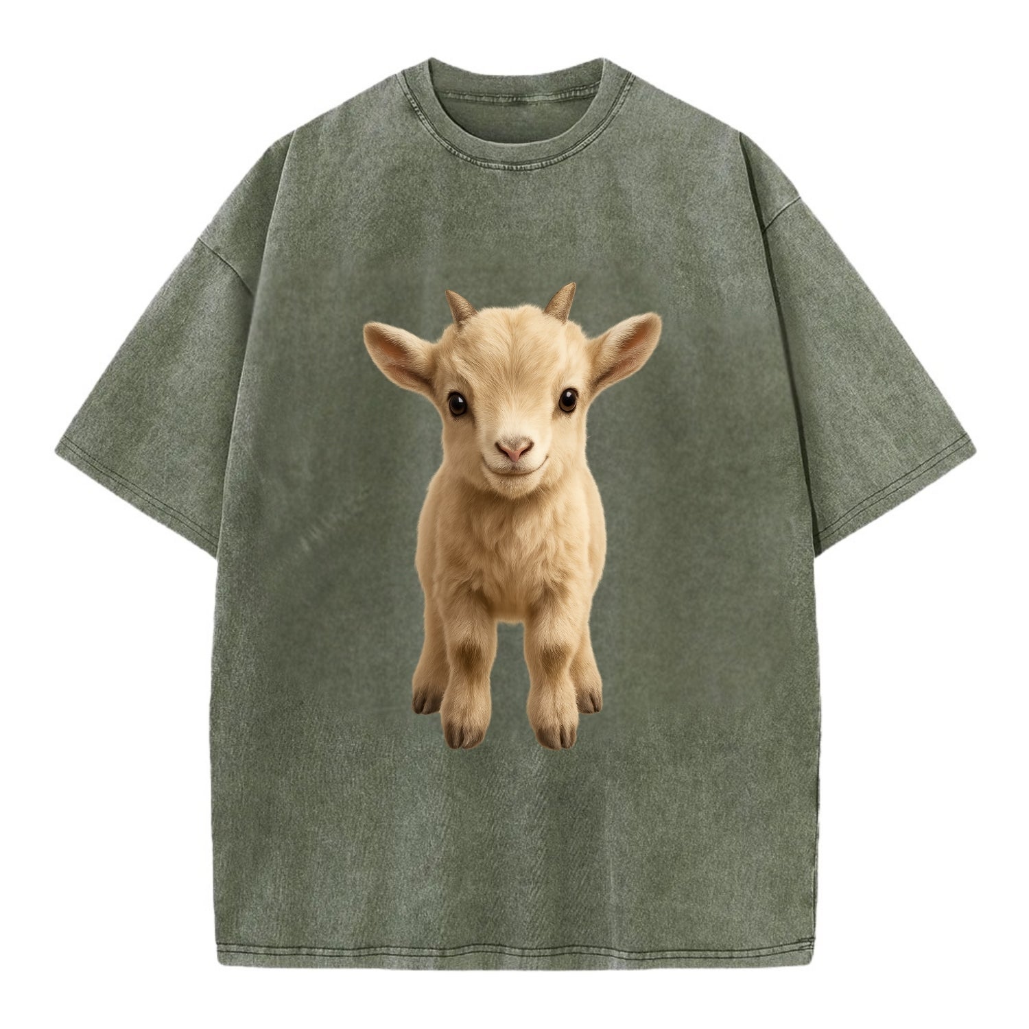 Baby Goat Kid - small horns, rectangular pupils, fluffy, playful eyes, - Vintage T-shirt - Army Green