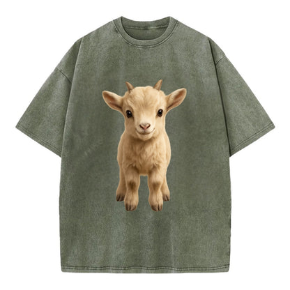 Baby Goat Kid - small horns, rectangular pupils, fluffy, playful eyes, - Vintage T-shirt - Army Green