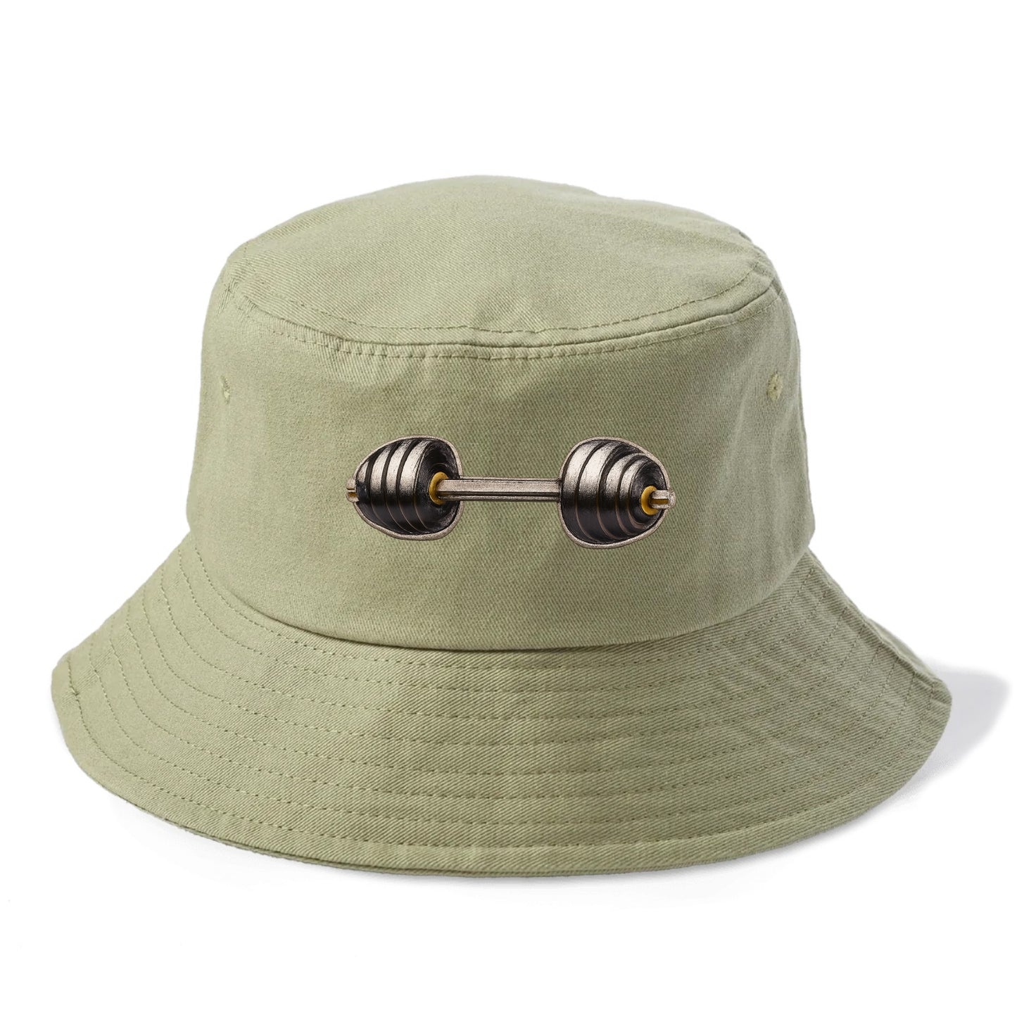 Embroidered patch design - WEIGHTLIFTING BARBELL - heavy barbell with plates in silver - Bucket Hat - Army Green