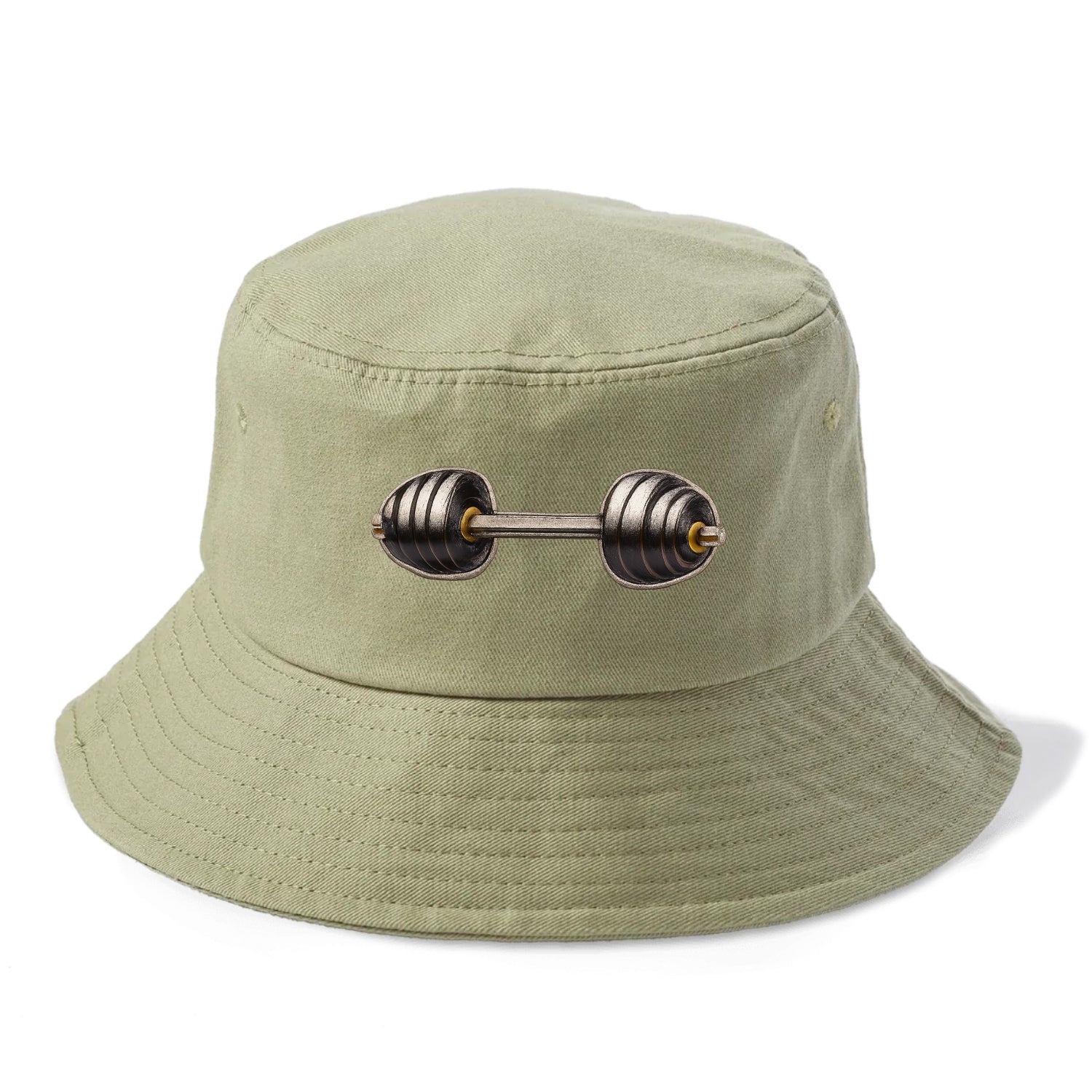 Embroidered patch design - WEIGHTLIFTING BARBELL - heavy barbell with plates in silver - Bucket Hat - Army Green
